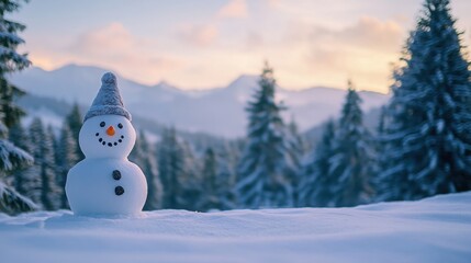 Obraz premium A snowman built at the edge of a forest, with tall trees and the distant silhouette of mountains, and space on the right for text.