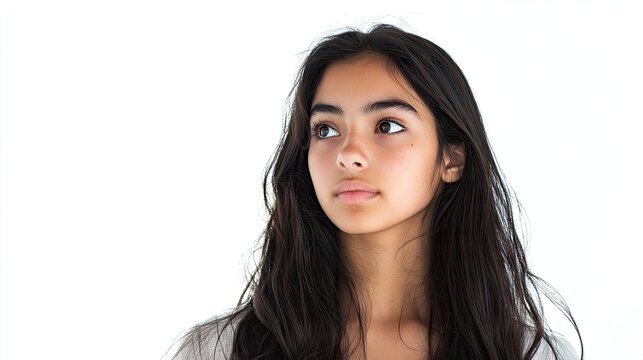 Portrait of a girl with long, unbrushed dark hair gazing ahead against a clean white background. The girls expression and hair create a captivating focal point with ample copy space.