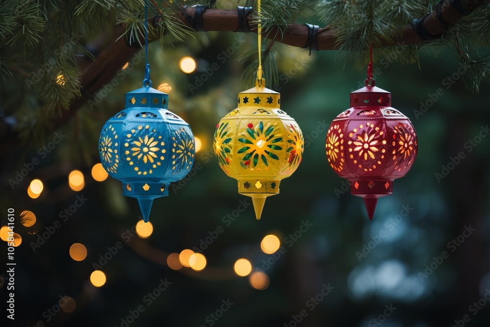Poster colorful lanterns hanging from a tree branch create a festive atmosphere during twilight