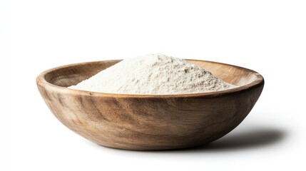 Heaping bowl of white flour in a rustic wooden bowl, on a white background, showcasing a clean, pure baking ingredient