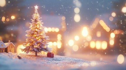 Fototapeta premium Holiday backdrop with snow-frosted Christmas tree, glowing lights, and a cozy winter blurred scene.