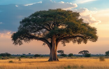 Fototapeta premium Sunset view of a solitary tree in a wildflower field..