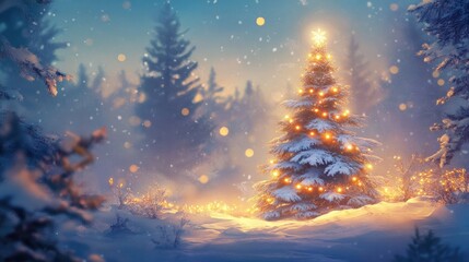 Fototapeta premium Holiday backdrop with snow-frosted Christmas tree, glowing lights, and a cozy winter blurred scene.