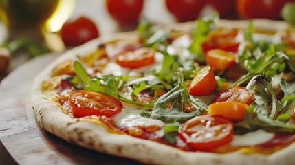 Italian pizza topped with fresh vegetables and cheese, set on a white background to highlight bright colors and crisp details