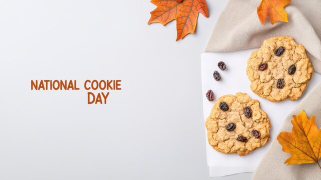 A festive display featuring two cookies, autumn leaves, and the text "National Cookie Day," celebrating the joy of cookies during the fall season.