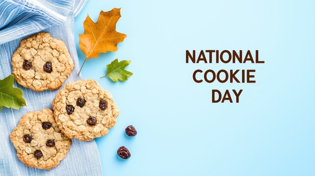 A festive display of cookies for National Cookie Day, featuring three cookies surrounded by autumn leaves on a bright blue background. - Powered by Adobe
