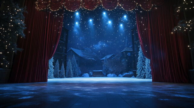 Magical winter stage scene with snowy trees and starry backdrop