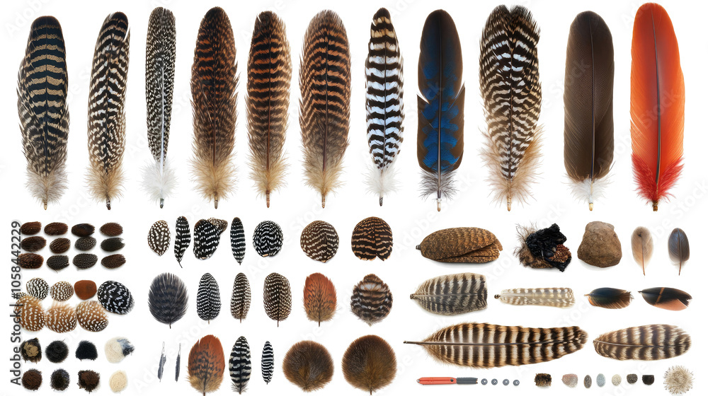 Poster varied bird feathers on a clear background generative ai