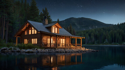 Fototapeta premium Mountain retreat cabin by lakeside surrounded by green trees