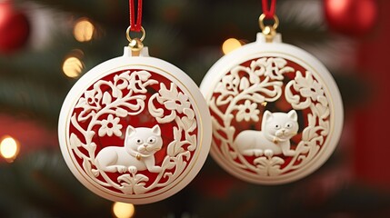 Elegant cat-themed Christmas ornaments hanging on a festive tree at holiday celebrations