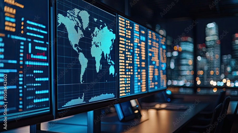 Poster futuristic data analysis screens with global maps and statistics in a modern office.