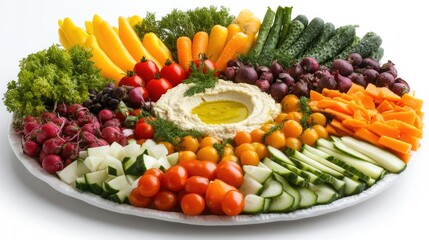 Mixed vegetable platter with hummus dip, arranged on a white background for a fresh, plant-based snack