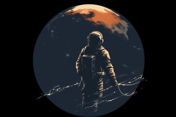 Naklejka premium An astronaut floats in the vastness of space, tethered to a spacecraft