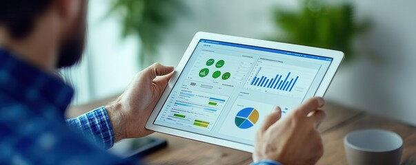 Consultant using tablet with sustainability metrics on screen, workspace