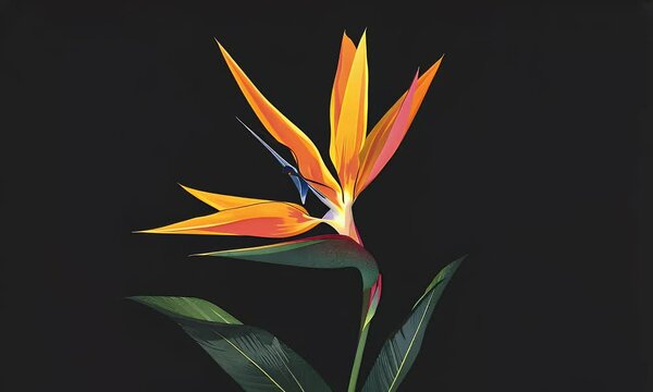Strelitzia flower illustration on a black background. The illustration is in the style of a minimal vector design. Any 
