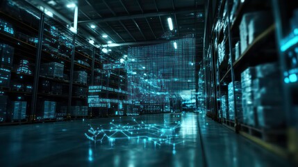 In a logistics center, supply chain network diagram is projected holographically with dynamic and dramatic compositions, including stock copy