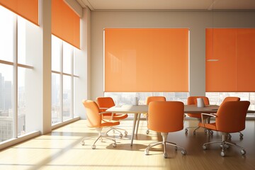 Bright and modern conference room with orange blinds and cozy seating for productive meetings