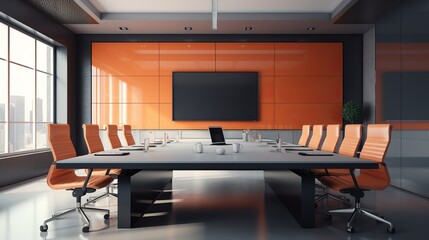 Modern conference room with an orange accent wall and sleek furniture in a city office
