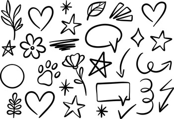 Cartoon ink doodles, fun decorative ink illustrations, speech bubble and scribbles, highlight elements, isolated