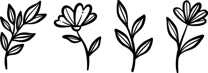 Flower and leaf ink doodles, hand draw simple minimalist foliage illustrations, tiny botanical clip art decorative set, isolated