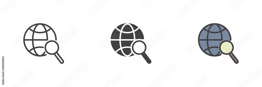 Poster globe and magnifier different style icon set