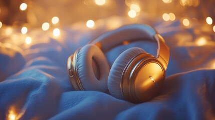 Fototapeta premium A pair of golden headphones shine on a soft blue cushion, surrounded by bokeh lights, evoking a luxurious and peaceful ambiance.