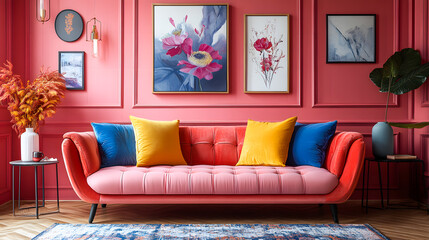 This pink-walled living room exudes an inviting atmosphere, its carefully chosen furniture and art pieces creating a harmonious and stylish interior design 