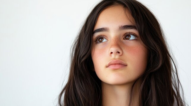 Portrait of a girl with long, unbrushed dark hair gazing ahead against a clean white background. The girls expression and hair create a captivating focal point with ample copy space.