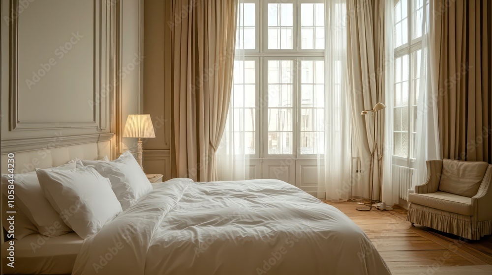 Poster a serene bedroom with natural light and soft furnishings, creating a calming atmosphere.