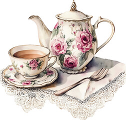 Elegant floral tea set with teacup, saucer, and lace doily
