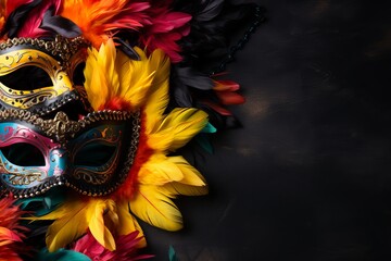 Vibrant carnival masks surrounded by colorful feathers on a dark backdrop