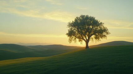 Obraz premium A peaceful moment at sunset, with a solitary tree silhouetted against the sky, softly rolling hills behind.