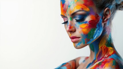 Obraz premium Vibrant body art adorns a womans form, capturing the essence of creativity and expression through paint. This high-quality photo highlights the intricate details of body art, with ample copy space.