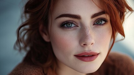 Naklejka premium Stunning portrait of a woman model with attractive make-up, captured in close-up, emphasizing her features with ample copy space ideal for various uses.