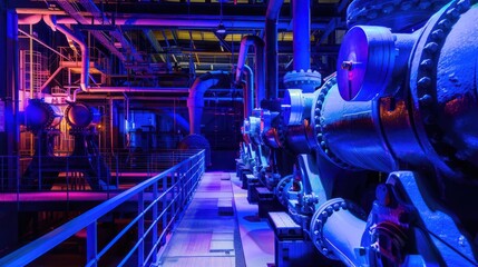 Industrial Machinery and Pipes Illuminated by Neon Lights
