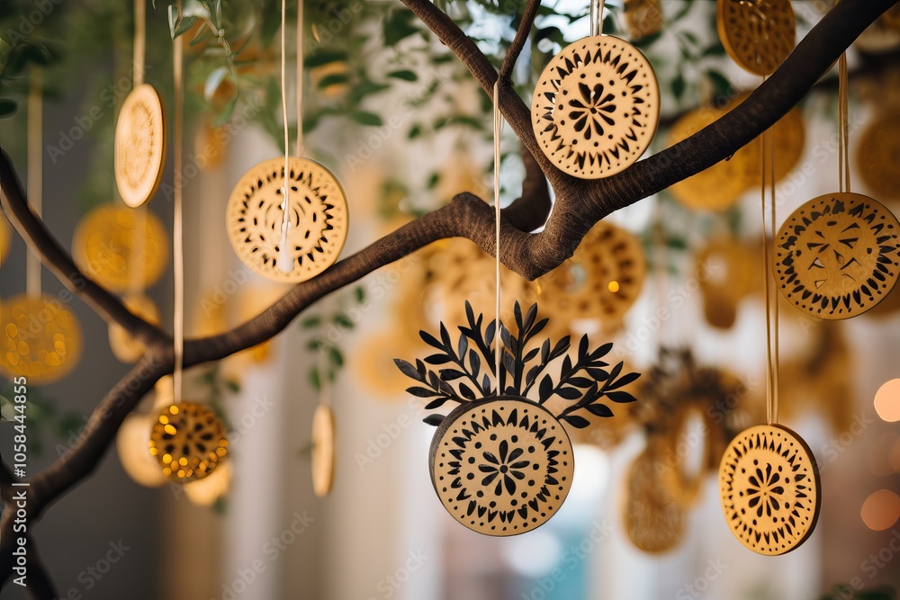 Poster decorative hanging ornaments on a tree create a festive atmosphere in an indoor setting