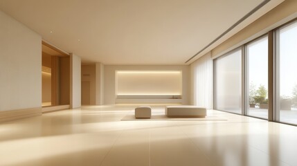 Fototapeta premium A large, empty living room with a white wall and tan floor