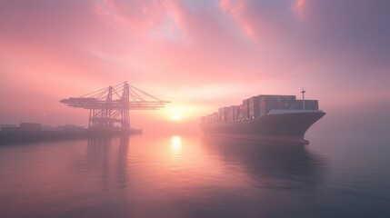 Obraz premium A large ship is sailing in the ocean with a beautiful sunset in the background