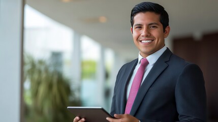 A smiling businessman in a suit holding a tablet in a busy airport environment.