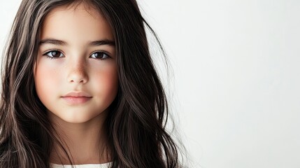 Naklejka premium Portrait of a girl with long, unbrushed dark hair gazing ahead against a clean white background. The girls expression and hair create a captivating focal point with ample copy space.