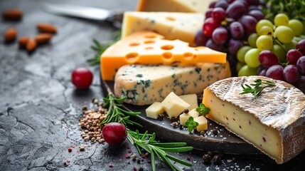 Assortment of cheeses displayed on cheese platter with grapes, nuts, knife, and spices on black tiled background with copy space image