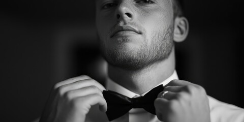Close up of the groom as he makes adjustments to his bow tie in preparation for the wedding ceremony, highlighting the detail and importance of his final touches.