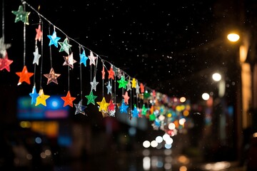 Colorful star string lights illuminate a rainy street at night in a vibrant urban setting