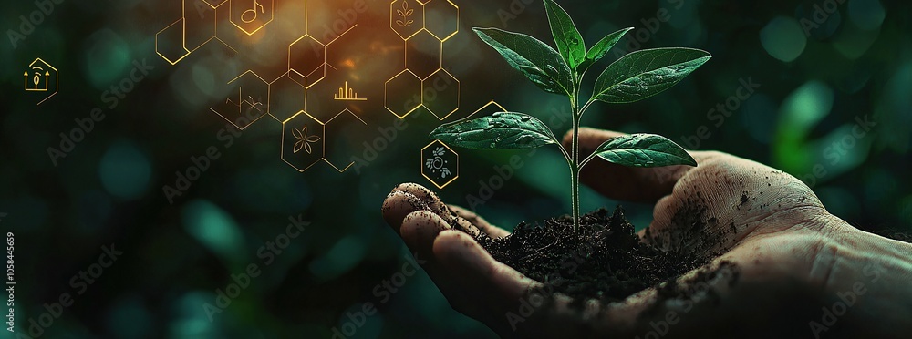 Poster hand holding a small plant with abstract hexagonal patterns in the background.