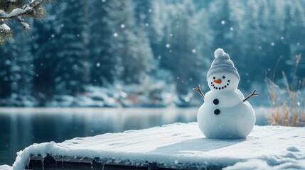 Obraz premium A snowman near a frozen lake, with a snow-covered dock and pine trees in the background and room for text.