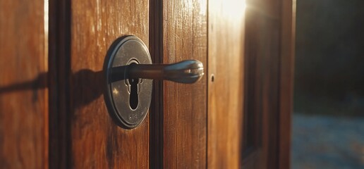 Obraz premium Close up of a wooden door with a key in the lock. The door is made of dark wood and the key is silver. The sun is shining through the door.