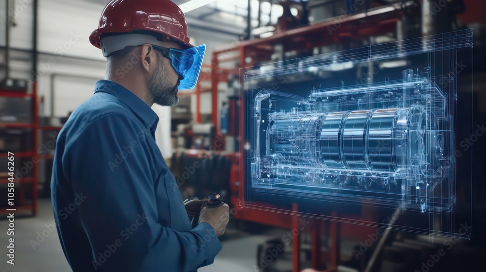 Poster a worker examines digital schematics in an industrial setting, blending technology and machinery.