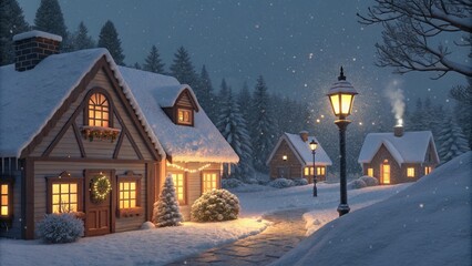 Fototapeta premium Cozy winter village with charming houses, snow-covered rooftops, and soft lights in the windows