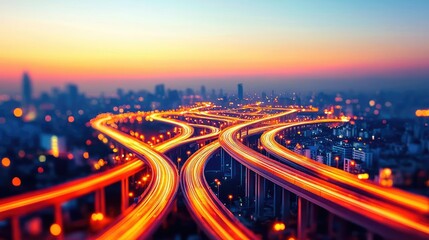 Fototapeta premium Dynamic highway interchange lit up at sunset, showcasing urban mobility and connections.