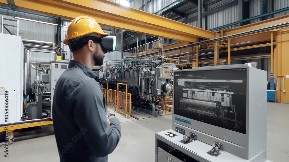 Poster A worker uses virtual reality in an industrial setting for training or monitoring purposes.